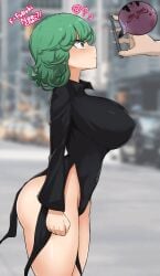 asian_female big_breasts black_hair bleached clenched_fist fat_tits fubuki_(one-punch_man) green_eyes green_hair japanese_female one-punch_man queen_of_hearts surprised tatsumaki tattoo