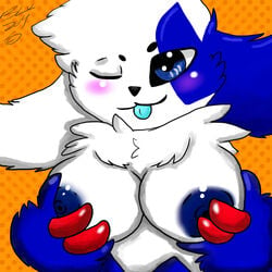 anthro blue_fur blush breasts claws fluffy furry nintendo one_eye_closed paws pokemon pokemon_(species) shiny_pokemon shiny_zangoose video_games wink zangoose