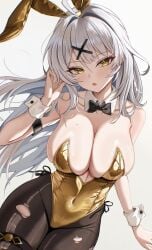 1girls absurdres alternate_costume animal_ears bare_shoulders big_breasts black_bow black_bowtie black_pantyhose blush bow bowtie breasts cleavage collar collarbone commentary covered_navel detached_collar fake_animal_ears female gold_leotard highres large_breasts leotard long_hair looking_at_viewer open_mouth pantyhose purple_eyes rabbit_ears simple_background solo strapless strapless_leotard torn_clothes torn_pantyhose very_long_hair white_background white_collar white_hair white_wrist_cuffs wrist_cuffs yellow_eyes yixuan_(zenless_zone_zero) zenless_zone_zero zzirit6 zzirit6