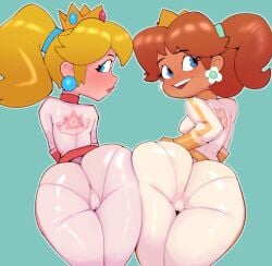 2girls ass ass_awe ass_bump ass_size_difference ass_to_ass big_ass bodysuit bottom_heavy bubble_butt clothing dat_ass ear_piercing earrings fat_ass female female_focus female_only flower_earrings gluteal_fold huge_ass large_ass lurkinpanda mario_(series) mario_kart mario_kart_world massive_ass nintendo official_alternate_costume piercing princess_daisy princess_daisy_(aero) princess_peach princess_peach_(aero) shirt showing_off showing_off_ass silhouette smug thick_ass thick_thighs thunder_thighs watching wide_hips