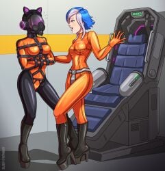 2girls blue_hair bondage bound chastity_belt chastity_device collar collar_tag female female_chastity female_only femsub gas_mask gloves high_heels latex latex_clothing latex_gloves mask multicolored_hair orange_clothing platform_heels red_eyes rubber rubber_clothing shiny_clothes sleepystephbot straitjacket tight_clothing zipper zipper_pull_tab
