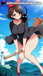 1girls 2025 ai_assisted ai_generated animal animal_on_shoulder anime artist_name bag beach black_cat black_dress blue_sky blush breast breasts broom broom_riding building bust chest city clothed_female cloud cloudy_sky collarbone condensation_trail day dress feline female female_focus female_only flying hairband handbag hi_res high_quality high_resolution highres horizon kiki kiki's_delivery_service lake lens_flare mountain no_socks ocean outdoors patreon patreon_username red_footwear red_hairband river seagull shoes short_hair short_sleeves shoulder_bag sky skypassion solo stable_diffusion studio_ghibli sun town watermark wind_lift witch