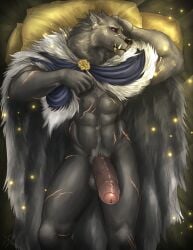 2024 abs anthro balls big_penis biped blaidd_(elden_ring) canid canine canis cloak_only digital_media_(artwork) elden_ring erection facial_scar fangs foreskin fromsoftware fur genitals grey_body grey_fur hi_res humanoid_genitalia humanoid_penis lying male male_anthro mammal muscular muscular_anthro muscular_male on_back penis pillow purple_eyes scar scars_all_over solo teeth uncircumcised wolf zouletsentiment