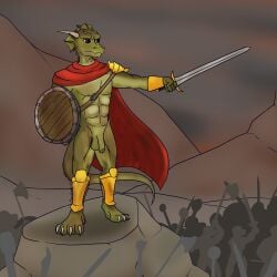 anthro armor battle bracers cloak clothing frill_(anatomy) fyreblazes hi_res horn lizardman male melee_weapon muscular nude pauldron scalie shield shin_guards shoulder_plates solo sword torn_clothing unconvincing_armor weapon