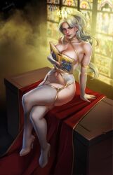 1girls big_breasts blizzard_entertainment book cozshedead female female_only high_heels human human_(world_of_warcraft) light-skinned_female light_skin lingerie original_character ouch_meme pinup solo stockings valencia_whitmore voluptuous voluptuous_female warcraft white_hair world_of_warcraft