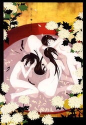 4girls alcohol cherry_blossoms doujinshi high_resolution multiple_girls nude okama original petals sake