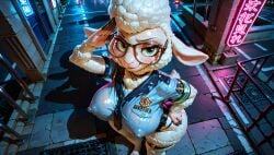 1girls above_view ai_generated anthro ass big_ass big_breasts big_thighs breasts choker dawn_bellwether disney erect_nipples eyebrows eyelashes female furry glasses green_eyes hand_on_hip hi_res high_quality high_resolution highres huge_ass huge_breasts huge_thighs large_breasts leg_belt looking_at_viewer massive_ass massive_breasts neon_lights night nipples outdoors outside police police_uniform policewoman salute sheep sheep_girl smug solo stable_diffusion standing synthneon thick_ass thick_thighs zootopia