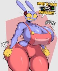 1girls ass big_ass big_breasts breasts bubble_butt busty cleavage clenched_fist clothing dialogue fat_ass female female_only genderswap_(mtf) huge_ass huge_breasts jax_(the_amazing_digital_circus) large_ass large_breasts looking_at_viewer mrxrickyx no_bra overalls overalls_only purple_body rule_63 solo sweat sweatdrop sweaty_body sweaty_breasts talking_to_viewer text the_amazing_digital_circus thick_ass thick_thighs thunder_thighs wide_hips yellow_eyes