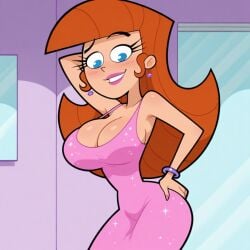 accurate_art_style ai_generated big_breasts blue_eyes brown_hair carly_(fairly_oddparents) cleavage hourglass_figure nickelodeon sparkling_dress sparkly_dress the_fairly_oddparents