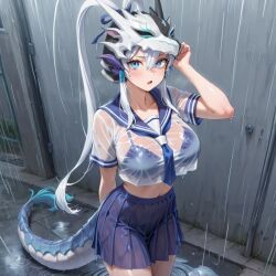 1girls ai_generated blue_eyes bra breasts dragon_girl dragon_tail female female_focus helmet large_breasts lingerie lingerie_bra long_hair outdoors purple_skirt rain raining school_uniform schoolgirl see-through see-through_clothing skirt solo solo_female solo_focus swordsoul_of_mo_ye wet wet_body wet_clothes wet_clothing white_hair yu-gi-oh!