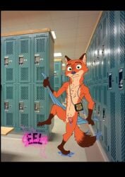 anthro balls caught caught_in_the_act caught_naked caught_off_guard changing_clothes changing_room dick disney embarrassed embarrassed_nude_exposure embarrassed_nude_male fox furry furry_male furry_only locker locker_room lockers looking_at_viewer looking_back_at_viewer naked naked_male nick_wilde nude nude_male police_badge police_uniform saucyeel shower showers startled surprised surprised_expression tail towel wet wet_body wet_penis yiff zootopia zootropolis