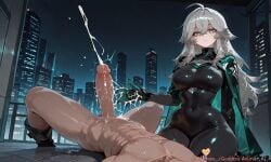 1boy ahoge bangs black_bodysuit bodysuit breasts building cape city cityscape clothed_female_nude_male cum cum_on_body ejaculation erection eternal_return:_black_survival female gloves goddessasunaai green_eyes grey_hair hair_between_eyes katja_(black_survival) large_breasts long_hair looking_at_viewer night nude on_back outdoors penis ruined_orgasm shiny skin_tight sky skyscraper straight thighs uncensored