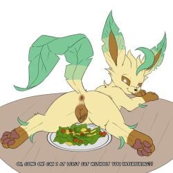1:1 absurd_res animal_genitalia animal_vulva anus ass bodily_fluids brown_vulva canid canine canine_genitalia canine_vulva digital_media_(artwork) eeveelution feet female feral food fur generation_4_pokemon genital_fluids genitals hair hi_res leafeon looking_at_viewer lying mammal nintendo on_front paws pokemon pokemon_(species) presenting presenting_hindquarters raised_tail salad simple_background sketch soles solo tail text toes tongue vaginal_fluids vaginal_fluids_on_food vaginal_fluids_on_object vulva whyvern