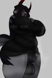absurd_res animal_genitalia anonymous_artist anthro aroused belly big_breasts black_clothing bodily_fluids bovid bovine breasts cattle clothing cr0_ves genitals hi_res horn male mammal musk musk_clouds musky_penis nemzith nonbinary_(lore) penis sheath solo solo_focus sweat thick_thighs throbbing throbbing_penis