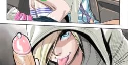 2d 2d_(artwork) 3boys anal anal_sex blowjob blue_eyes car chris_(tekuho) coat cum cum_in_air femboy futanari in_the_car smile tekuho trap yellow_hair