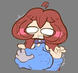anon big_breasts brown_hair clothed daneeve_(koracaesh) gacha gacha_heat gacha_life grabbing_breasts gray_background koracaesh long_hair simple_shading surprised surprised_expression