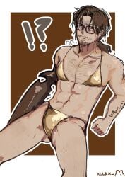 bikini brown_hair bug_features chest_hair clothes facial_hair glasses gregor_(limbus_company) limbus_company no_sex no_visible_genitalia project_moon solo_male tattoo tied_hair