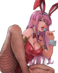 1girls absurdres alternate_costume animal_ears bow bowtie breasts candy cleavage commentary darling_in_the_franxx detached_collar fake_animal_ears fishnet_pantyhose fishnets food gold_armlet green_eyes highres holding holding_candy holding_food holding_lollipop j-u-n06 leotard lollipop long_hair looking_at_viewer medium_breasts open_mouth pantyhose pink_hair playboy_bunny rabbit_ears red_bow red_bowtie red_leotard simple_background sitting solo thighs tongue tongue_out very_long_hair white_background wrist_cuffs zero_two_(darling_in_the_franxx)