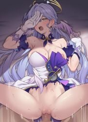 0haribo0 1boy absurdres armband bare_shoulders bead_bracelet beads bed_sheet blush bottomless bracelet breasts censored commentary_request covering_one_eye dress elbow_gloves face_jewel female frilled_armband frills gloves gradient_wings green_eyes halo halo_behind_head head_wings highres honkai:_star_rail honkai_(series) jewel_under_eye jewelry large_breasts long_hair looking_at_viewer lying male mosaic_censoring motion_lines multicolored_wings navel on_back on_bed one_breast_out one_eye_covered open_mouth purple_dress purple_hair purple_sleeves purple_wings robin_(honkai:_star_rail) sex speed_lines spread_legs stomach straight strapless strapless_dress torn_clothes torn_dress two-tone_dress white_gloves white_wings wings