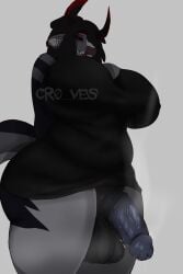 absurd_res animal_genitalia anonymous_artist anthro aroused belly big_breasts black_clothing bodily_fluids bovid bovine breasts cattle clothing cr0_ves genitals hi_res horn male mammal musk musk_clouds musky_penis nemzith nonbinary_(lore) penis sheath solo solo_focus sweat thick_thighs throbbing throbbing_penis