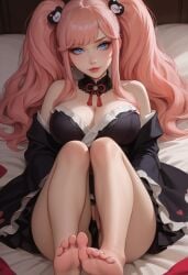 ai_generated bedroom blonde_hair clothing dress feet junko_enoshima leaning_forward onna_exe sexy twintails
