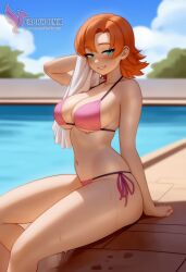1girls 2d ai_generated ass big_ass bikini breasts cleavage erophoenix female female_focus full_body large_breasts looking_at_viewer nora_valkyrie orange_hair patreon_username pool rwby short_hair side-tie_bikini solo solo_female swimsuit thick thick_thighs uncensored