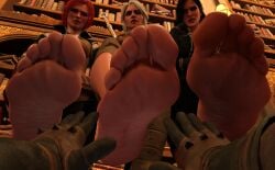 3d 3girls ariasor black_hair cd_projekt_red ciri dominant_female feet feet_fetish feet_focus female freckles geralt_of_rivia green_eyes light-skinned_female light-skinned_male looking_at_viewer low-angle_view male mascara purple_eyes red_hair scar the_witcher_(series) the_witcher_3:_wild_hunt triss_merigold white_hair yennefer