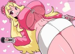 blonde_hair breasts female flower grin heart huge_breasts long_hair microphone pointy_ears smile solo weapon