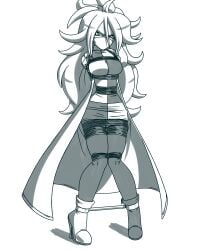android_21 angry angry_expression angry_eyes angry_face arms_behind_back arms_bound_behind_back arms_tied_behind_back black_and_white cloth_gag clothed dragon_ball dress high_heel_boots knees_together_feet_apart lab_coat over_the_nose_gag raver1357 rope rope_bondage spreader_bar