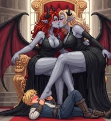 1boy 2girls background blonde_hair dominant dominant_female domination feet femdom foot_fetish foot_lick foot_worship kissing lesbian_kiss passionate red_hair saliva saliva_string saliva_trail stepped_on submissive submissive_male succubus succubus_wings yuri