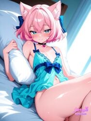 1boy ai_assisted ai_generated animal_ears babydoll bare_shoulders bed bed_sheet blue_bow blue_eyes blush bow cat_ears choker collarbone eyebrows_visible_through_hair flirtzy.ai hair_between_eyes hairbow heart heart-shaped_pupils indoors looking_at_viewer lying male male_focus navel on_back on_bed otoko_no_ko pillow pink_hair short_hair smile solo symbol-shaped_pupils underwear window yes