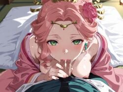 ai_generated blowjob blush breasts exposed_breasts female green_eyes gyokuyou_(kusuriya_no_hitorigoto) hanfu kusuriya_no_hitorigoto looking_at_viewer the_apothecary_diaries