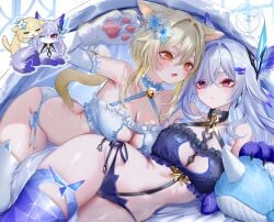 2girls animal_ears blush breasts cat_ears female female_focus female_only genshin_impact large_breasts light-skinned_female light_skin lumine_(genshin_impact) pottsness skirk_(genshin_impact) thick_thighs thighhighs thighs wide_hips