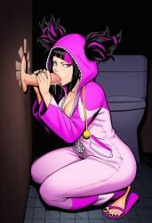 1boy 1girls ai_generated alternate_costume anonymous_male asian asian_female balls black_hair black_nail_polish black_toenails cleavage clothed_female crouching fellatio female flip-flops glory_hole handjob handjob_while_sucking hood_up juri_han korean_female looking_at_viewer male nail_polish novel_ai onesie pajamas penis pigtails pink_hair_streak public_restroom public_sex purple_eyes sandals street_fighter street_fighter_6 testicles tile_floor toes toilet toilet_stall twintails