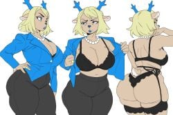 1girls animal_ears animal_tail anthro back back_view backboob big_breasts black_bra black_panties black_pants blonde_hair blue_eyes blue_lips blue_lipstick blue_shirt bottomwear bra breasts carol_holiday cleavage color colored deer deer_ears deer_girl deltarune female female_only garter_belt garter_straps hair hand_on_hip handwear hips horns huge_breasts jxzuke lingerie lips lipstick mature mature_female mature_woman milf mother multiple_views necklace neckwear open_shirt pamplinasg30 panties pants pearl_necklace ring shirt solo solo_female tail third-party_edit topwear undertale undertale_(series) wide_hips