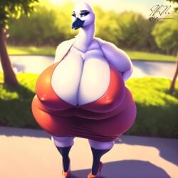 2023 ai_generated anthro_only avian belly big_belly big_breasts breasts chubby chubby_female female goose looking_at_viewer mommy nipples overweight overweight_female slightly_chubby slightly_chubby_female thepyromancerfox