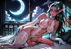 ai_generated areola_slip black_sclera blue_eyes dickgirl dickgirl_only earrings futa_only futanari green_hair horse horse_penis horsecock horsecock_futa horsecock_on_humanoid intersex lace_thighhighs large_breasts manofmidas moon moonlight necklace night_elf on_bed pink_penis pink_skin precum precum_drip tyrande_whisperwind white_dress white_gloves white_sleeves world_of_warcraft