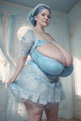 ai_generated bbw bbw_mom big_ass big_breasts bra cellulite cleavage cleavage_cutout elderly elderly_female granny hair_bun huge_breasts lace lace-trimmed_bra lace_trim mature mature_female puffy_short_sleeves puffy_sleeves sagging_breasts saggy_breasts short_skirt tiara transparent_clothing updo