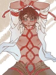 1boy auburn_hair bondage dead_plate green_eyes half-dressed kneeling looking_at_viewer male markings muscular navel nipples pants rody_(dead_plate) rope saliva submissive submissive_male sweat tan_body underwear white_shirt