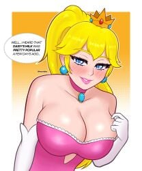 1girls artist_name blonde_hair blue_earrings blue_eyes blush breasts cleavage crown earrings elbow_gloves english_text female large_breasts long_gloves looking_at_viewer mario_(series) moxridey nintendo ponytail princess_peach solo solo_female solo_focus text text_bubble white_elbow_gloves white_gloves white_long_gloves