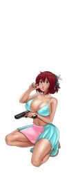 bare_shoulders bikini bikini_top_only black_background breasts brown_hair candy cg chiho_(hentai_heroes) cleavage collarbone covered_nipples curvy dark-skinned_female dark_skin dress female food full_body green_eyes gun hair_ornament hair_ribbon handgun hentai_heroes holding holding_gun holding_weapon huge_breasts kinkoid kneeling large_breasts licking looking_at_viewer navel official_art parody red_hair sexually_suggestive short_hair skirt solo swimsuit thick_thighs thighs tongue tongue_out transparent_background weapon