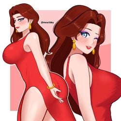 1girls bangle bare_shoulders blue_eyes bracelet breasts brown_hair circlet clothing_cutout dress earrings eyeliner gold_bracelet gold_earrings jewelry large_breasts large_earrings light_smile long_hair looking_at_viewer makeup mario_(series) moxridey multiple_views nintendo one_eye_closed pauline_(mario) pink_eyeliner red_dress red_lips side_cutout side_slit sideways_glance sleeveless sleeveless_dress solo_focus thighs twitter_username