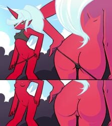 1girls ass belly_button breasts demon_girl exibitionism female female_focus hand_on_butt horn kneesocks_daemon long_hair naked_female nipples orange-peel panty_&_stocking_with_garterbelt pointy_ears ponytail presenting public_nudity red_body red_skin single_horn solo_female standing underwear_pull vagina white_hair