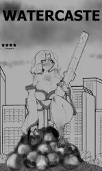 bloody city_background cloven_hooves four_finger_hands huge_breasts kleinvoimond monochrome rubble short_hair skulls tau tau_watercaste warhammer_40k
