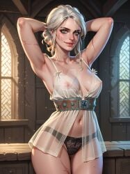 ai_generated armpits breasts cameltoe cd_projekt_red ciri cosmicbounty female green_eyes light-skinned_female lingerie looking_at_viewer mascara nightie nipples panties scar solo solo_female the_witcher_(series) the_witcher_3:_wild_hunt transparent_clothing watermark white_hair