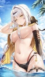 absurdres aida_noa bikini bikini_bottom_only bird black_bikini black_bird black_sleeves blue_sky breasts cloud day detached_sleeves female hair_censor hair_over_breasts highres jacket large_breasts long_hair looking_at_viewer navel ocean parted_lips single_sleeve sky solo stomach swimsuit thigh_strap wading white_hair yellow_eyes yellow_jacket yixuan_(zenless_zone_zero) zenless_zone_zero