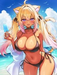 ahoge alternate_costume alternate_hair_color animal_ear_fluff animal_ears arm_behind_back bare_shoulders beach belt belt_collar bikini black_belt black_bikini black_ribbon blonde_hair blue_sky blush breasts cleavage cloud collar cowboy_shot crossed_bangs cumulonimbus_cloud dark-skinned_female dark_skin day female food gradient_hair gyaru hair_between_eyes hair_ribbon halterneck highleg highleg_bikini highres holding holding_food holding_popsicle hololive hololive_gamers hololive_japan kogekoge1207 large_breasts layered_bikini leopard_ears leopard_girl leopard_tail long_hair looking_at_viewer multicolored_hair nail_polish navel nekomata_okayu o-ring ocean oerba_yun_fang off_shoulder open_clothes outdoors pink_hair popsicle purple_eyes purple_nails ribbon see-through_clothes side-tie_bikini_bottom simple_bird skin_fang sky solo sparkle standing string_bikini swimsuit tail tail_raised twintails two-tone_hair very_long_fingernails very_long_hair virtual_youtuber