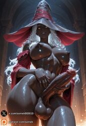 abs ai_generated black_headwear black_skin breasts colored_skin dark_skin dark_skinned_female erection female from_below futanari glowing glowing_eyes hat huge_cock huge_testicles large_breasts large_hat large_penis long_hair looking_at_viewer navel nipples nude patreon_username penis recluse_(nightreign) semekart shiny_skin smile solo sweat testicles uncensored veins veiny_penis white_hair wide_sleeves witch_hat yellow_eyes