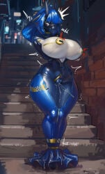 background big_breasts big_thighs closed_eyes full_latex gag gagged hobble_dress latex latex_clothing latex_mask mask night nipples_plugs shanher shanher_(character)