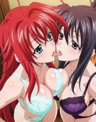 2girls ai_generated akeno_himejima big_breasts bikini breast_on_breast females_only girlfriends high_school_dxd indoors lesbian_couple lesbian_kiss looking_at_each_other rias_gremory rias_x_akeno tongue_to_tongue tongue_touching_another's_tongue wife_and_wife yuri yuri yuri